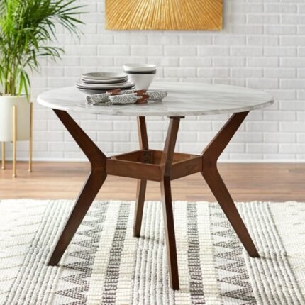 Round wooden dining table with walnut base and mid-century modern design for contemporary dining spaces – Modera Furnish