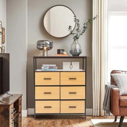 Industrial 6-drawer chest with black metal frame and tan wood drawers – Modera Furnish