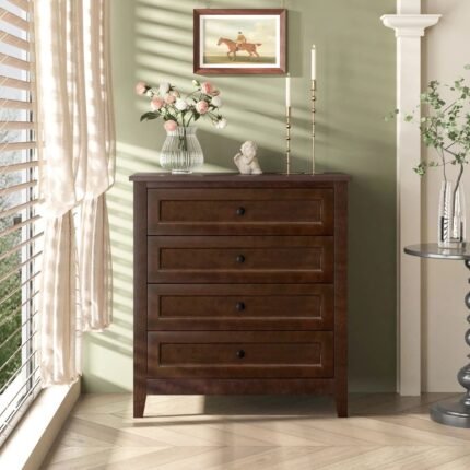 A brown solid wood chest of drawers featuring four tiers with recessed paneling and tapered legs - Modera Furnish.