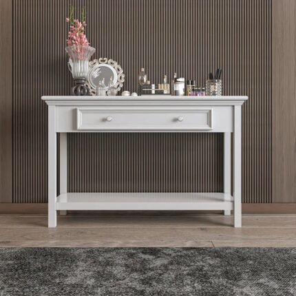 Luxury white solid wood console table with drawer and lower shelf – Modera Furnish