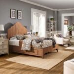 Classic solid wood queen size bed with sculpted headboard and antique finish - Modera Furnish