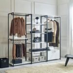 Solid wood open wardrobe with five compartments, metal frame, and white finish for bedroom storage - Modera Furnish