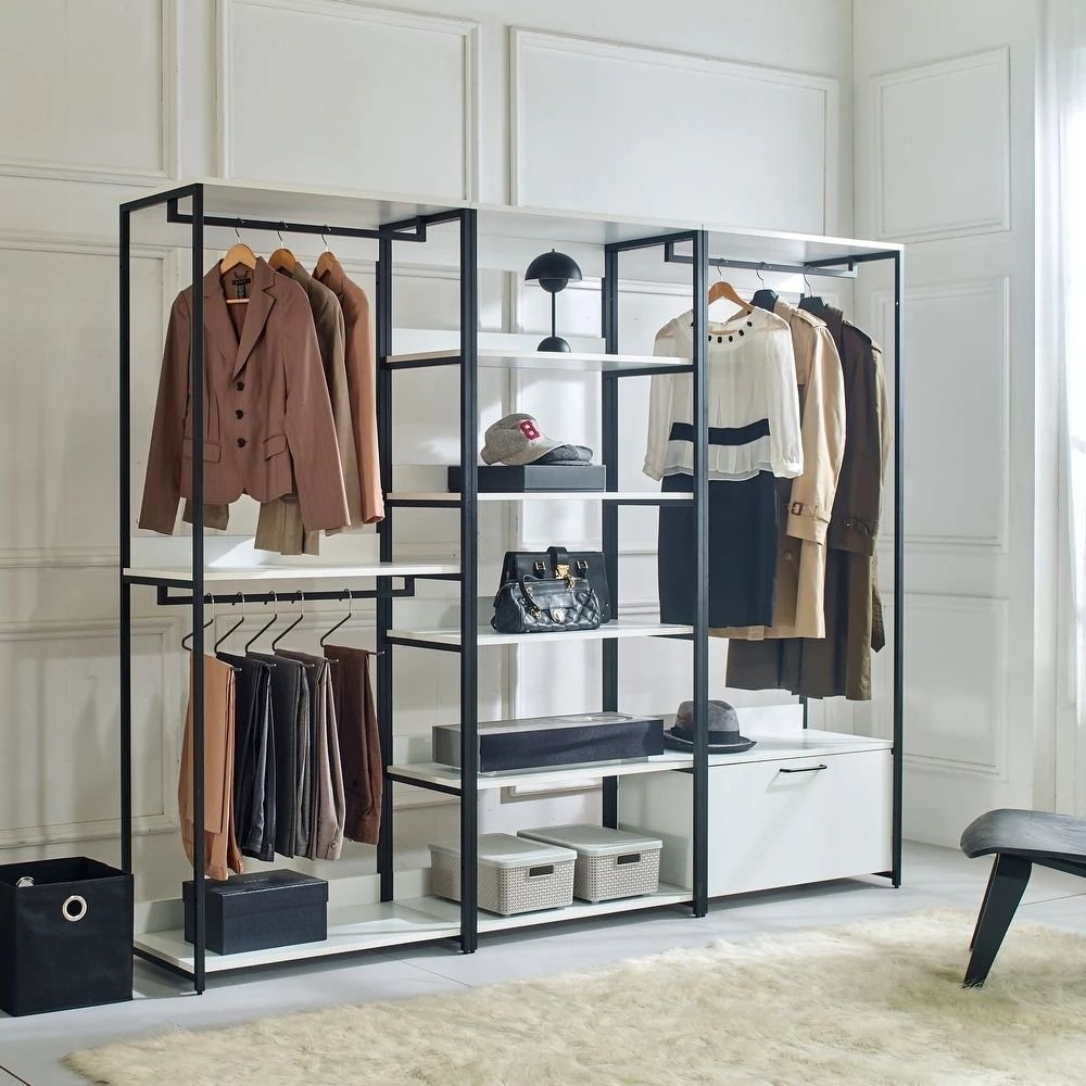 14 Solid wood open wardrobe with five compartments, metal frame, and white finish for bedroom storage - Modera Furnish