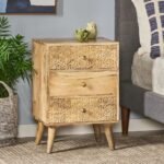 A natural solid wood bedside table featuring three drawers with antique bronze cup pulls and a rustic framed design - Modera Furnish.