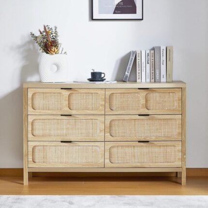 A natural rectangular solid wood chest of drawers with six drawers and hand-woven cane panel details - Modera Furnish.
