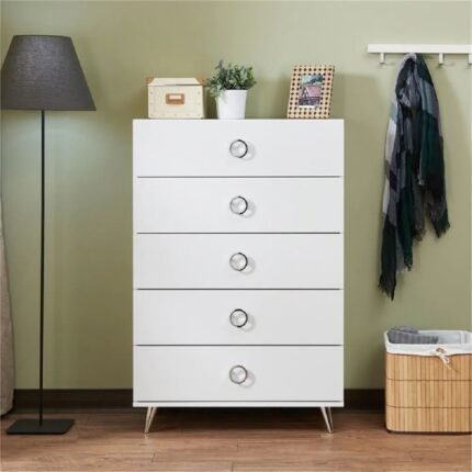 Luxury modern white solid wood 5-drawer vertical chest – Modera Furnish