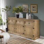 A sophisticated grey finish solid wood sideboard buffet featuring three drawers, triple-door cabinet storage, and wrought-iron hardware - Modera Furnish.
