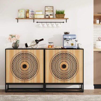 A large brown solid wood 4 door storage cabinet featuring intricate mandala carvings and a black industrial metal base - Modera Furnish.