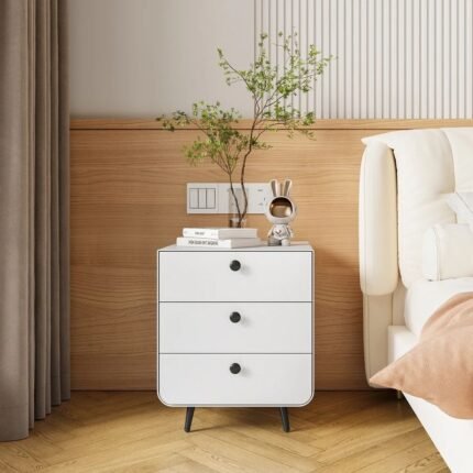 Luxury modern white 3-drawer bedside table with black legs – Modera Furnish