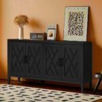 A bold black 4-door solid wood sideboard featuring intricate geometric door carvings and sleek black handles - Modera Furnish.