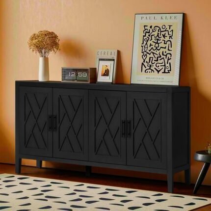 A bold black 4-door solid wood sideboard featuring intricate geometric door carvings and sleek black handles - Modera Furnish.