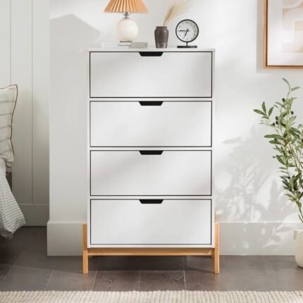 Luxury minimal white solid wood 4-drawer chest with natural legs – Modera Furnish