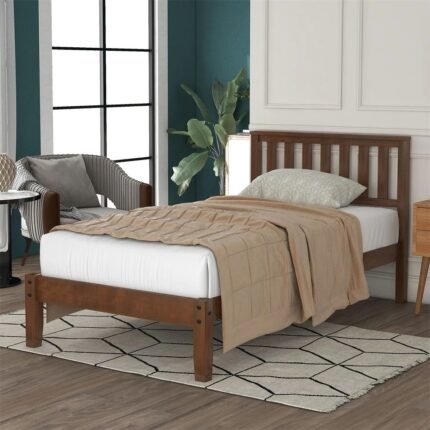 Solid wood bed with slat support and walnut finish featuring a clean headboard design - Modera Furnish