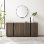 A dark brown 4 door solid wood sideboard with black vertical stripe accents and industrial metal finish - Modera Furnish.