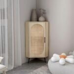 Modern natural wood corner storage cabinet with cane door and metal legs – Modera Furnish