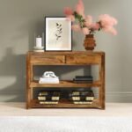 A brown rectangular solid wood console table with two drawers and two open storage shelves - Modera Furnish