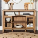 A brown oak console cabinet featuring two glass doors and four open storage compartments - Modera Furnish.