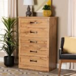 Luxury modern tallboy chest with five oak-finish drawers and black handles – Modera Furnish