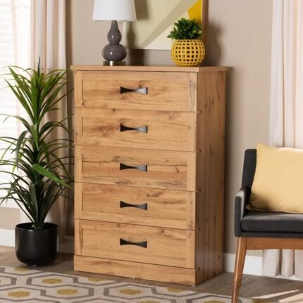 Luxury modern tallboy chest with five oak-finish drawers and black handles – Modera Furnish