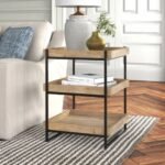 Industrial 3-tier solid wood and metal tray end table in light brown for luxury interiors - Modera Furnish