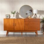 A warm acorn brown 70-inch wood buffet console featuring two doors, three drawers, and splayed legs - Modera Furnish.