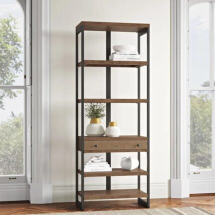 Tall solid wood bookshelf with medium wood finish and black metal frame for modern interiors - Modera Furnish