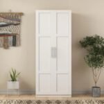 Solid wood 2 door white wardrobe with shelved interior for bedroom storage - Modera Furnish
