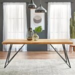 Solid wood dining table with natural finish and black metal legs in mid-century modern industrial style – Modera Furnish