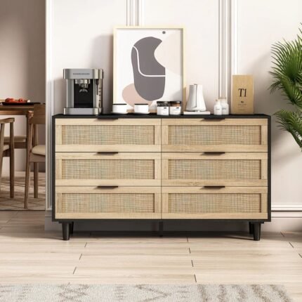 A sophisticated black finish solid wood chest of drawers featuring six woven natural cane drawer fronts and a minimalist architectural silhouette - Modera Furnish.