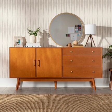 A warm acorn brown 70-inch wood buffet console featuring two doors, three drawers, and splayed legs - Modera Furnish.