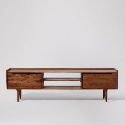 A honey finish solid wood TV cabinet with two doors and central open shelving for media storage - Modera Furnish.