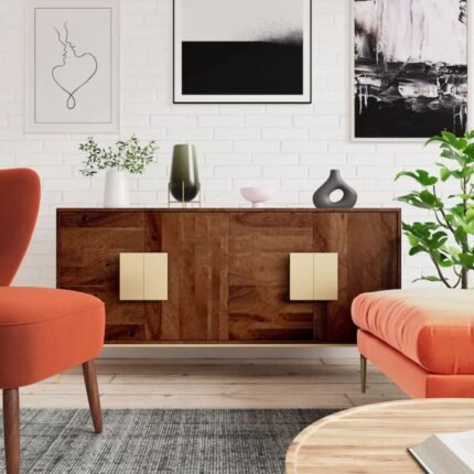 A grey solid wood sideboard featuring four doors with square brass pulls and an elevated gold metal base - Modera Furnish.