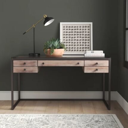 Solid wood desk with metal frame in gunmetal and brown finish designed for industrial workspaces - Modera Furnish