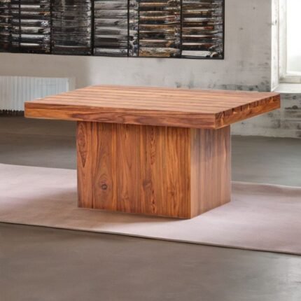 A compact rectangular solid wood dining table in a rich brown finish with sturdy corner legs - Modera Furnish.