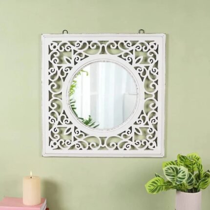 Ornate white carved wood wall mirror with circular glass for luxury interior decor - Modera Furnish