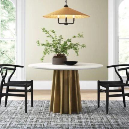 Solid wood round pedestal dining table in white finish with contemporary design - Modera Furnish