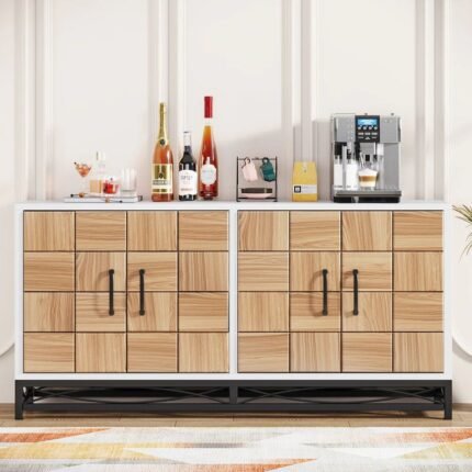 A 59-inch white and natural wood sideboard cabinet featuring a 3D-grid door design, black iron base, and four storage doors - Modera Furnish.