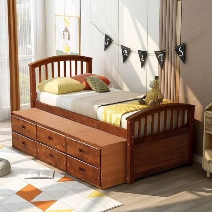 Solid wood storage bed with 6 drawers in natural brown finish - Modera Furnish