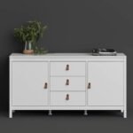 A matte white 2 door 3 drawer solid wood sideboard with brown leather tab handles and six support legs - Modera Furnish.
