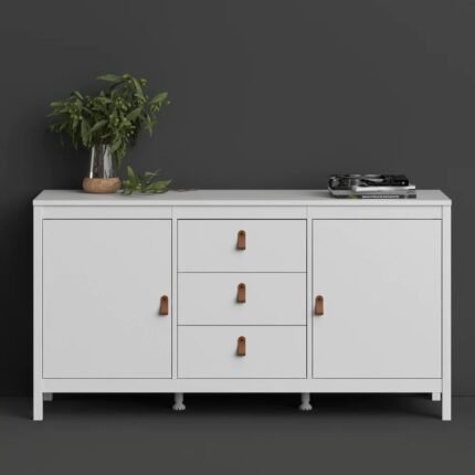A matte white 2 door 3 drawer solid wood sideboard with brown leather tab handles and six support legs - Modera Furnish.
