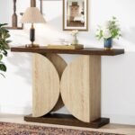 A modern solid wood console table in antique walnut with a sculptural geometric base and minimalist top - Modera Furnish