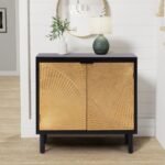 A black 2-door accent cabinet featuring fanned sunburst geometric patterns in a metallic gold finish - Modera Furnish.