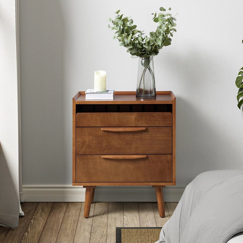 22 A brown solid wood bedside table featuring two drawers with integrated pulls and an open top storage shelf - Modera Furnish.