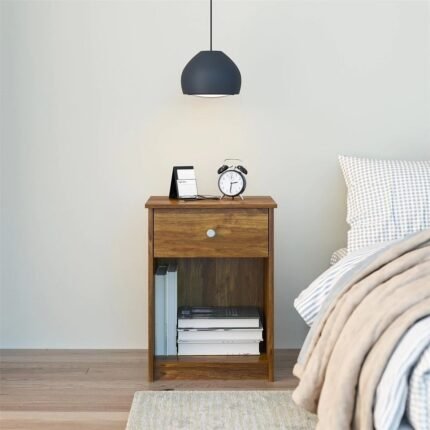A brown solid wood bedside table featuring a single drawer and an open lower storage compartment - Modera Furnish.