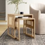 Minimalist nesting set of two light brown wood and cane end tables for a luxury interior - Modera Furnish