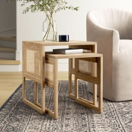 Minimalist nesting set of two light brown wood and cane end tables for a luxury interior - Modera Furnish