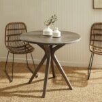 Solid wood round dining table with cross pedestal base in brown gray wash contemporary style - Modera Furnish
