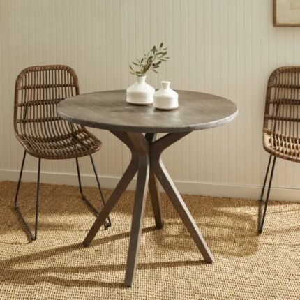 Solid wood round dining table with cross pedestal base in brown gray wash contemporary style - Modera Furnish