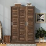 Solid wood 3 door shutter wardrobe with shelves in walnut finish for bedroom storage - Modera Furnish
