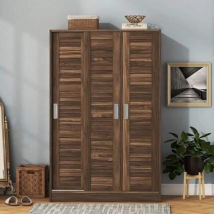 Solid wood 3 door shutter wardrobe with shelves in walnut finish for bedroom storage - Modera Furnish